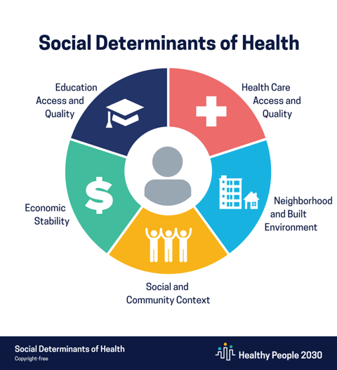 5 domains of the social determinants of health - economic stability, social and community context, neighborhood and environment, health care, and education